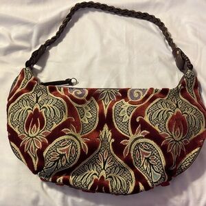 Maxximum Elegant Velvet Red and Gold Patterned Crescent Hobo Women's Bag